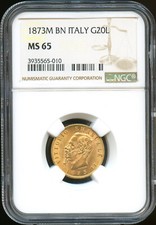 Italie Vittorio Emanuel II (1861-1878) 20 Lire or 1873 Milan NGC MS 65 KM 10.3