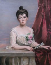 Tableau dessin pastel encadré portrait jeune femme brune éventail Fanny FLEURY