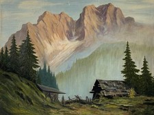 Peinture à l'huile 1962 L.Schmit peintre allemand paysage alpin avec maison...