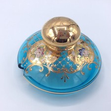 Couvercle de service à griottes cristal coloré bleu émaillé doré Bohème XXème