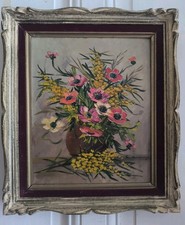 Huile sur Isorel nature morte" Bouquet de fleur anémones et mimosa" Louis ANDREY