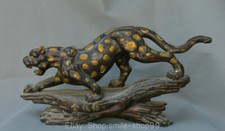 24" Old Chinese Bronze Gilt Feng Shui Leopard Panther Speed Animal Sculpture