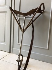 Vintage Ancienne Canne Siège Chasse Pêche Battue Assise Cuir Appoint Pic Bâton