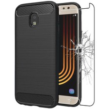 Coque Samsung J5 2017 Galaxy J530F Etui Gel Motif Carbone + VERRE Trempé, Noir