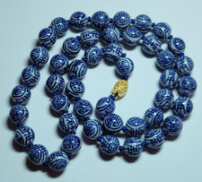 Vintage Asiatique Bleu Main Peint Porcelaine Chinois Export Perlé 30 " Collier