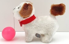 ANCIEN JOUET MÉCANIQUE  CHIEN TERRIER AU BALLON   PELUCHE AVEC BOÎTE  MTU CORÉE