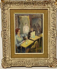 Tableau Ancien Huile Impressionniste XXème. Scène d'intèrieur. Café.