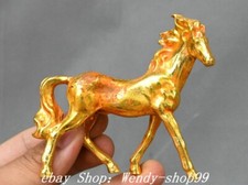 3.5" Old Chinese Dynasty Bronze Gilt Feng Shui 12 Zodiac Horse Animal Statue