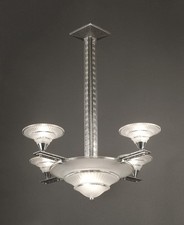 MODEL-VERDUN : LUSTRE ART DÉCO FERRONNERIE D'ART, BRONZE NICKELÉ ET VERRE MOULÉ