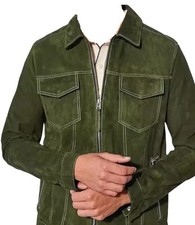Veste motard homme 100 % pur cuir daim vert fermeture éclair taille XS S M...