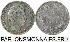5 francs 1840 W Louis-Philippe Ier R1 TB cornue