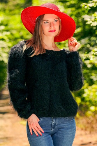 Black mohair sweater fuzzy - , top