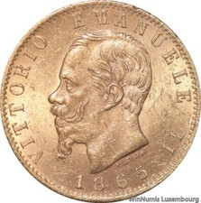 R5907 Rare Italy 20 Lire Victor Emmanuel II Or Gold 1865 T Turino AU -> M offer
