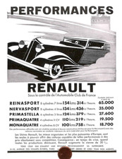 AUTOMOBILES RENAULT / REINA NERVA SPORT / PRIMA MONA PUBLICITÉ ADVERTISING 1933