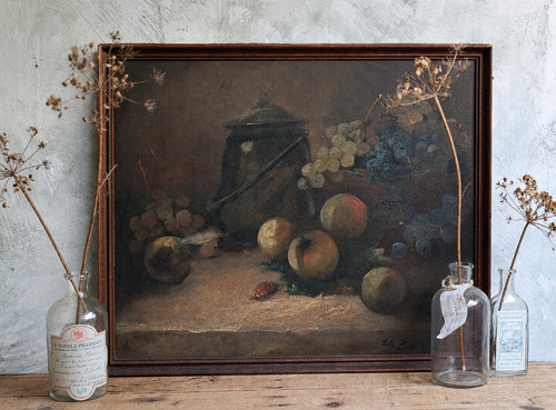 Moody antique still life oil - antique,