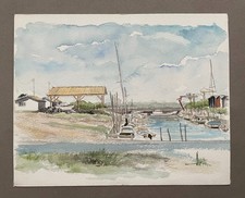 Bassin d'Arcachon, Port Ostréicole d'Andernos, Aquarelle signée Gilles T. Thomas