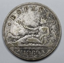 Monnaie Argent, 2 Pesetas 1869 Prov. Government - SPAIN (incredible die crack!)