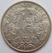 Pièce Allemande De L'Empire Allemand Argent 1/2 Mark 1907 J En Extrêmement Fine