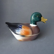 PETITE TERRINE en forme de CANARD COLVERT en faïence MICHEL CAUGANT Barbotine
