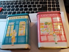 boites metal decorées lot 2 boites 1 deco confiserie 1 epicerie 6x4x10.5cm