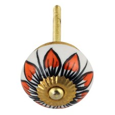 Bouton de meuble en céramique Poignée de porte Fleur 27 blanc orange