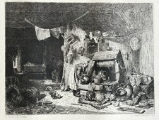 Jules Dupré / Gaucherel Gravure Eau Forte Etching Intérieur Maison Bretonne