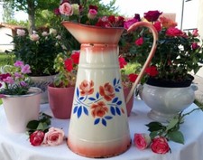Stunning antique enameled french pitcher pink roses 1930s pot jug jar
