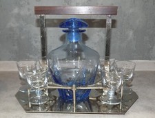 ANCIENNE CAVE SERVICE A LIQUEUR ART DECO VERRE TEINTÉ BLEU SIGNÉ LB