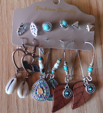 LOT BOUCLES OREILLES TURQUOISE COQUILLAGE FEUILLE BABACOOL COEUR PYRAMIDE