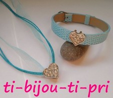 PARURE SET COEUR STRASS BLEU TURQUOISE clair cadeau COLLIER ruban et BRACELET