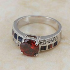  Bague en plaqué or blanc, Grenat 7 mm, Opale de Feu 4x2 mm et Zircons 