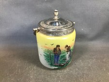 Ancien pot à bonbons en verre vintage années 1950 décor peint scène de l'angélus