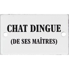 Plaque humoristique émaillée plate de 6x10cm  : CHAT DINGUE.