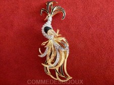 Broche "Paon Plumage Foisonnant" Noir cristal Blanc - Bijoux Vintage