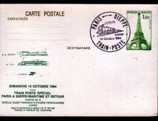 PARIS Gare TRAIN-POSTE vapeur tgv trajet PARIS-DIEPPE entier postal TOUR EIFFEL