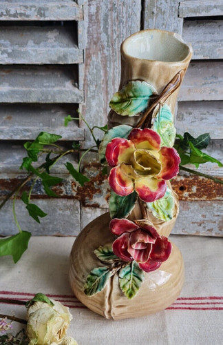 Ancien vase barbotine roses - ancien,