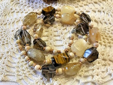 Collier ancien perles multi pierres naturelles beige quartz fumé Citrine etc