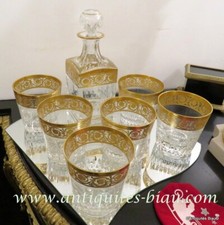 6 large Whiskey + decanter crystal set Saint Louis Thistle gold stamped perfect