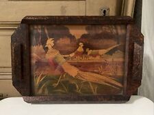 Ancien Plateau Bois Pyrogravure Oiseau Couleur Signe M Arnaud Art Pop Vintage