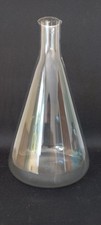 Fiole chimie ancienne , ballon  fond plat, verre soufflé laboratoire retro H= 22