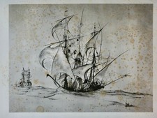 LOUEDIN BERNARD (NE EN 1938)-LITHO ORIGINALE 1972-BATEAUX FANTASTIQUES-SIGNÉE