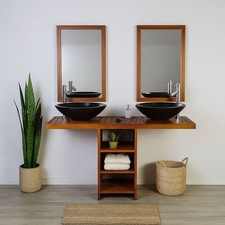 Ensemble meuble vasque et miroir salle de bain New Gempo 140 cm en bois teck na