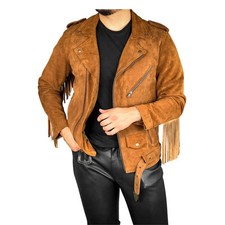 Veste à franges en cuir daim véritable pour homme mode moto motard marron...