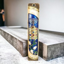 Porte émaillée décorée Mezouza étui avec Menorah Hoshen 12 tribus Jérusalem 5"