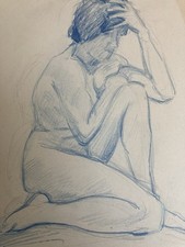 Ancien Nu Dessin Crayon Sur