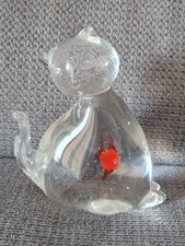 Presse Papier Chat En Verre De Murano Avec Poisson Rouge Dans Le Ventre
