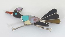 Vintage Zuni Sterling Silver Turquoise Shell Inlay Roadrunner Pendant and Brooch