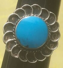 MEXICAN 1960s STERLING SILVER & TURQUOISE WOMEN RING~BOHEMIAN FLOWER~HANDMADE~ 9