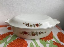 Ancien Plat Cocotte ovale Pyrex Sovirel Blanche Décor Fleurs Cuisson Four