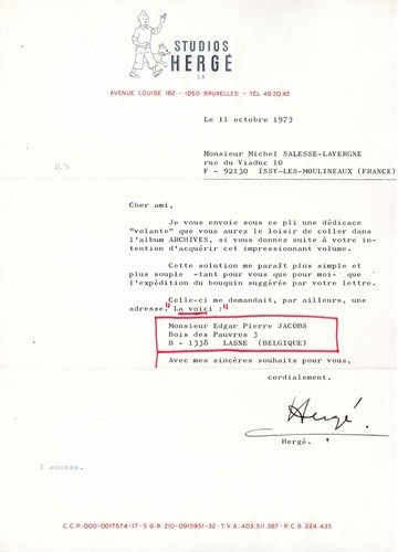 Hergé lettre signée le - lettre, signée.